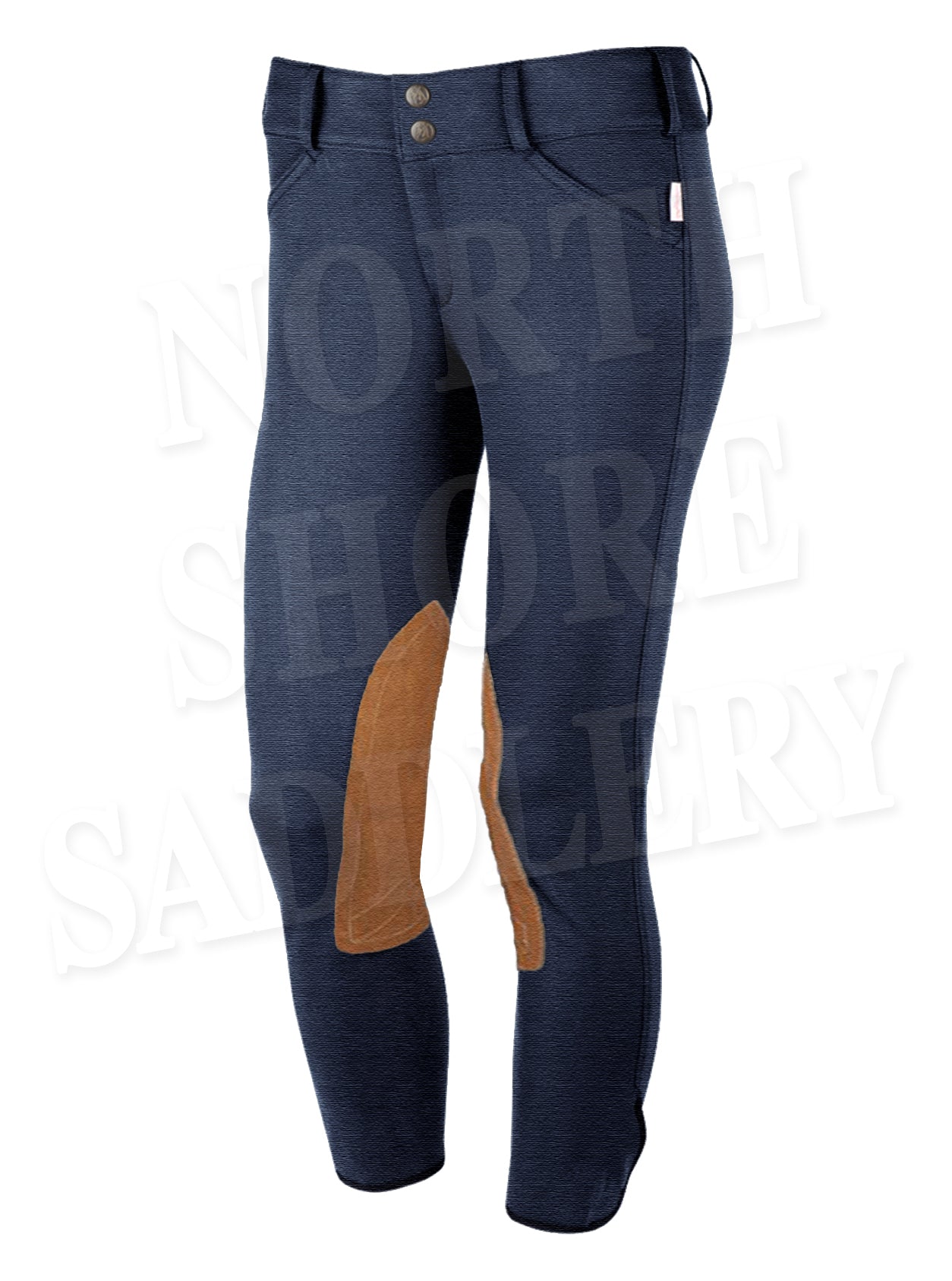 Tailored Sportsman Low Rise Front Zip Breech Denim with Tan Knee Patches - North Shore Saddlery